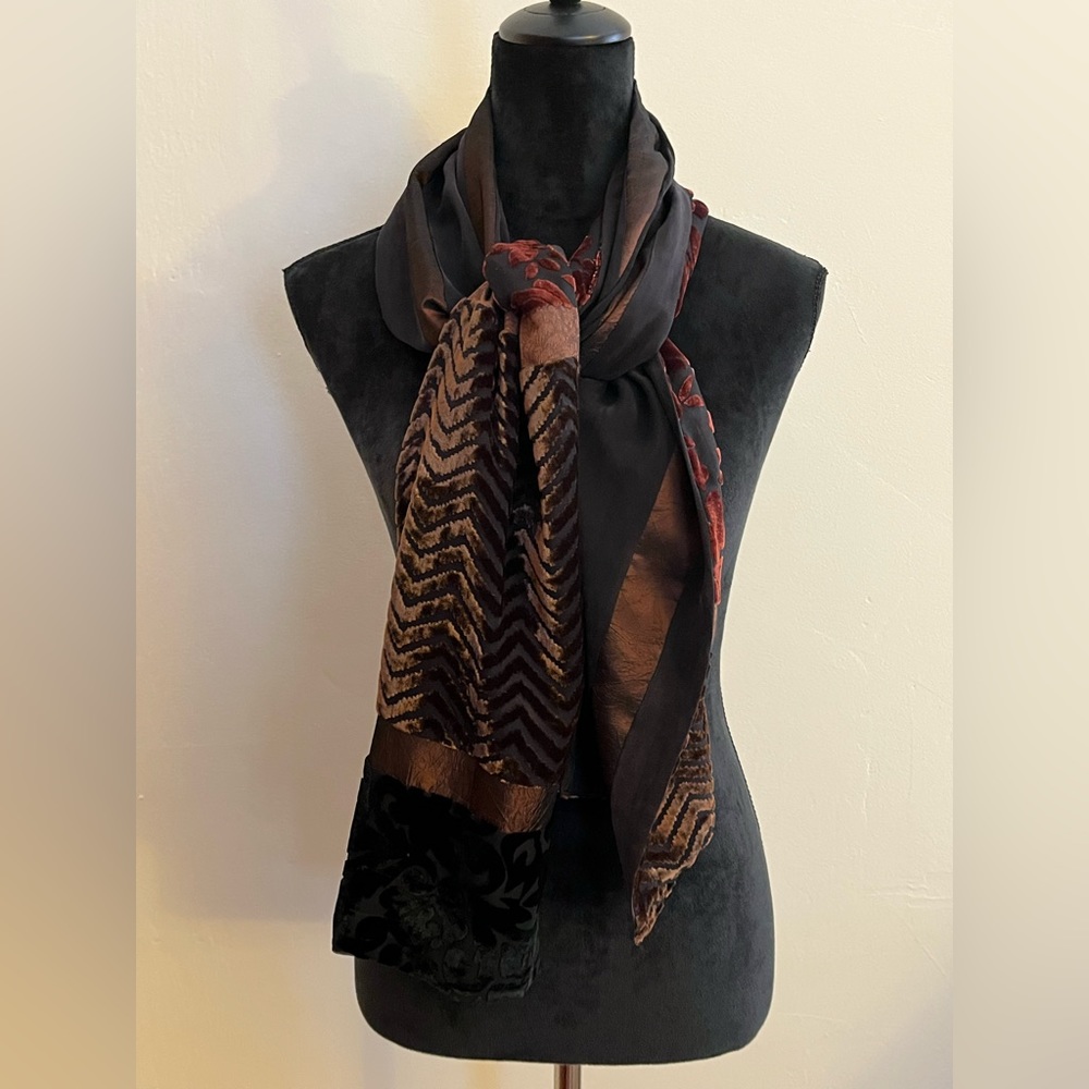 Burnout velvet black and brown handmade scarf  by Mary Lynn O’Shea